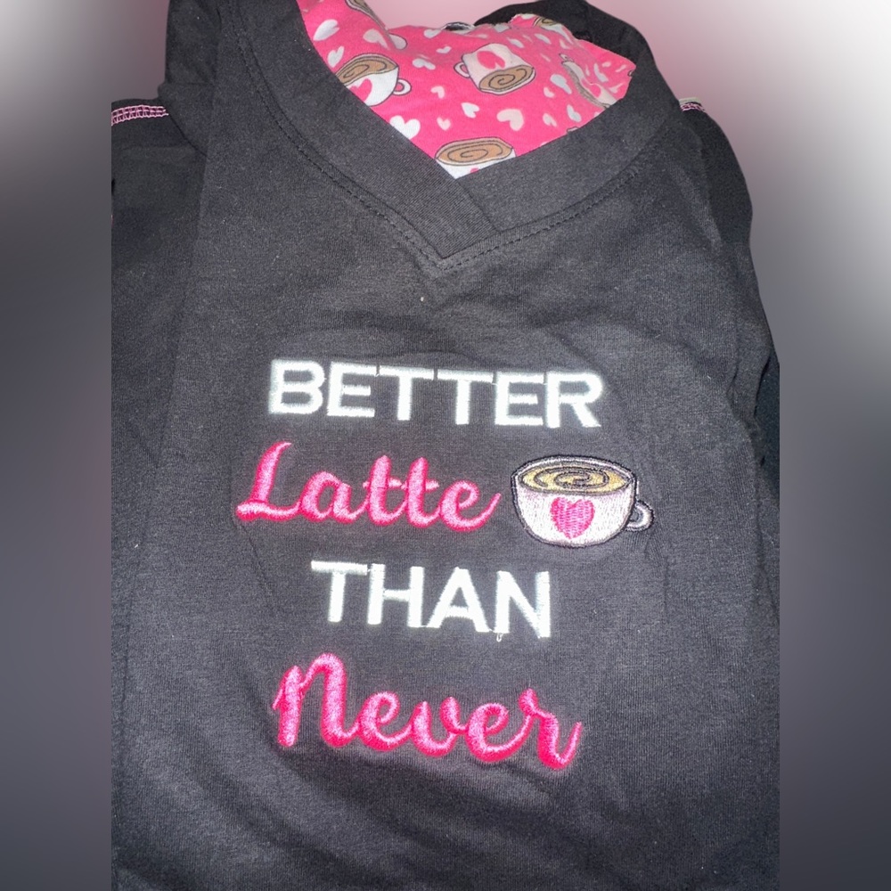 Rene Rofe Black and Pink "Better Latte Than Never" Pajama Top